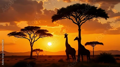 Two giraffes standing under trees during a vibrant sunset in the african savanna landscape