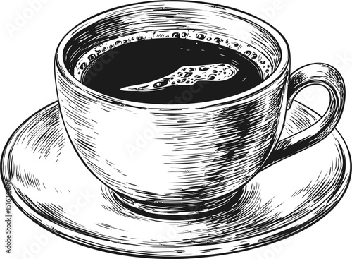 Detailed black and white sketch of coffee cup with saucer and bubbles. Vector illustration
