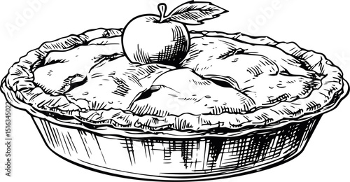 Traditional apple pie with detailed crust and apple illustration. Vector illustration