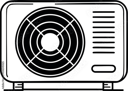 Black and white illustration of air conditioner with circular fan design. Vector illustration