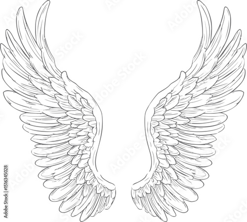 Intricate line drawing of detailed angel wings in symmetrical design. Vector illustration