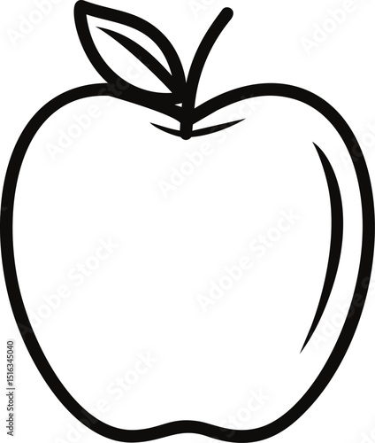 Black outline drawing of an apple with leaf. Vector illustration