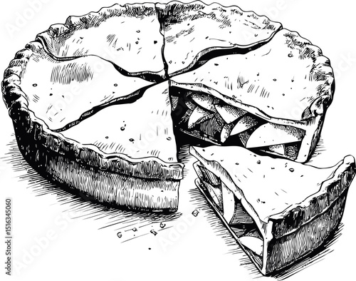 Illustrated apple pie with a slice removed, showcasing detailed crosshatching. Vector illustration