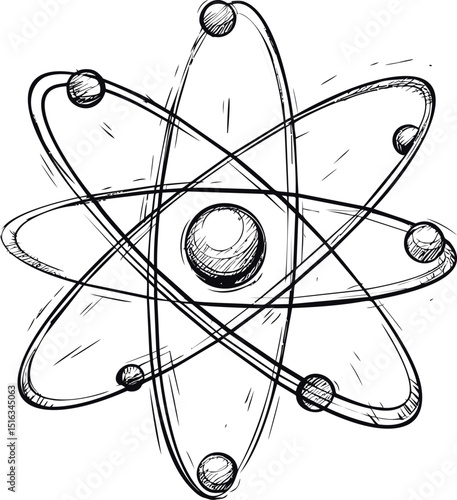 Illustration of a black and white atomic structure with electron orbits. Vector illustration