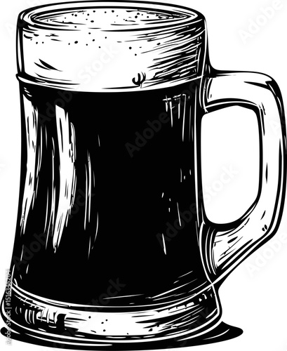 Black and white sketch of a beer mug with foam in a vintage style. Vector illustration