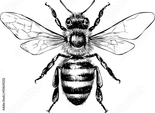 Black and white hand-drawn bee illustration with detailed wings and body. Vector illustration
