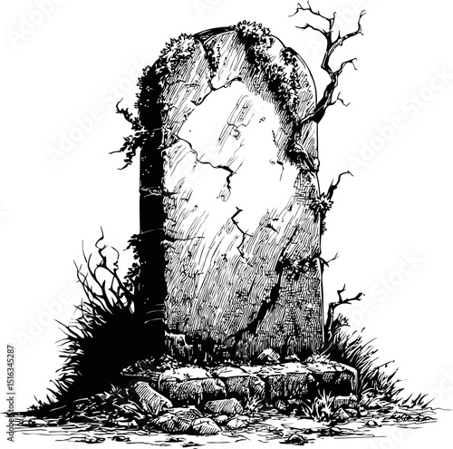 Weathered gravestone with cracks and ivy in black and white illustration. Vector illustration