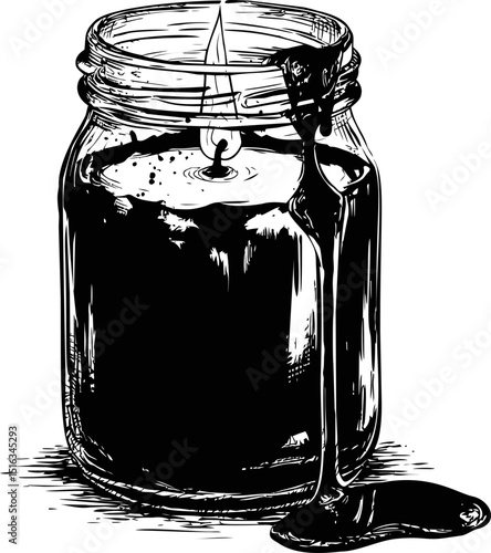 Monochrome illustration of a jar candle with melted wax overflowing. Vector illustration