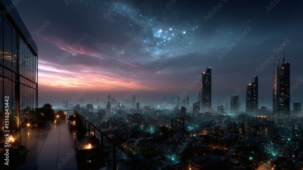 Fototapeta premium Hyper-dense skyline with buildings covered in hexagonal reflective tiles and modular design, glowing from embedded RGB smart lighting, under a sky awash in artificially-generated twilight gradients 