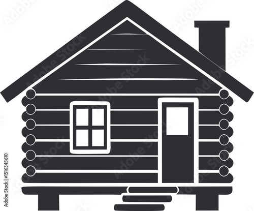 Black and white illustration of a log cabin with chimney and steps. Vector illustration