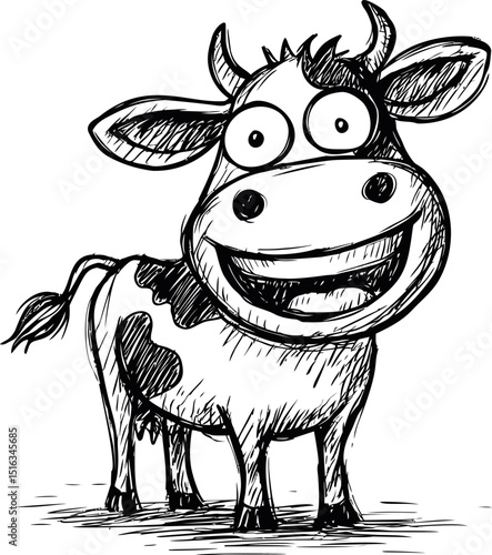 Happy cartoon cow sketch with wide smile in black and white drawing style. Vector illustration