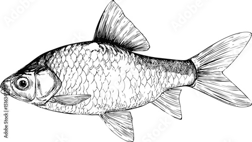 Detailed black and white sketch of a fish with intricate scale pattern. Vector illustration