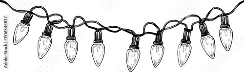String of vintage Christmas lights with transparent bulbs in black and white sketch. Vector illustration