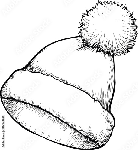 Hand-drawn winter beanie with fluffy pom pom in black and white illustration. Vector illustration