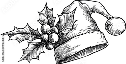 Santa hat with holly leaves and berries in detailed line art illustration. Vector illustration