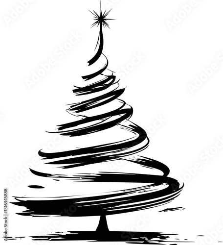 Abstract black and white illustration of a swirling Christmas tree silhouette. Vector illustration
