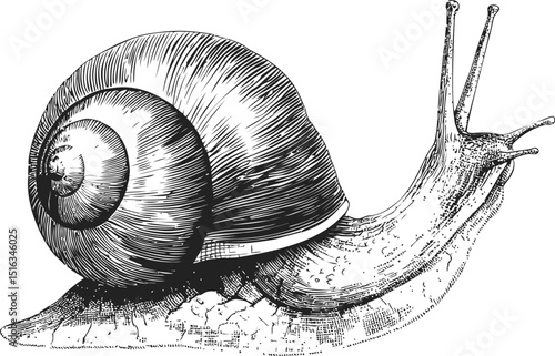 Detailed black and white snail illustration with intricate shell pattern. Vector illustration