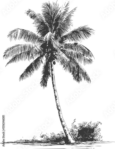 Black and white illustration of a coconut palm tree on a small island sketch. Vector illustration