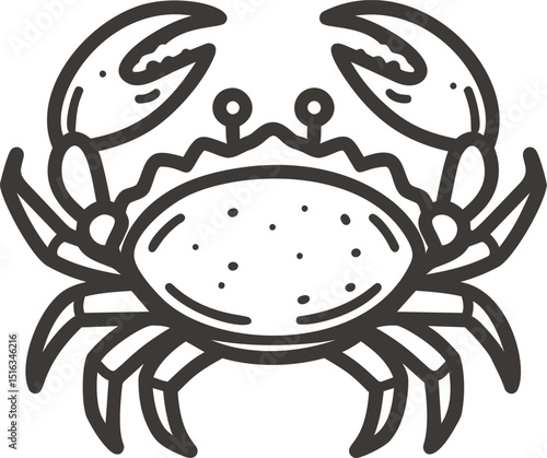 Black and white outline of a crab with claws raised, cartoon style illustration. Vector illustration