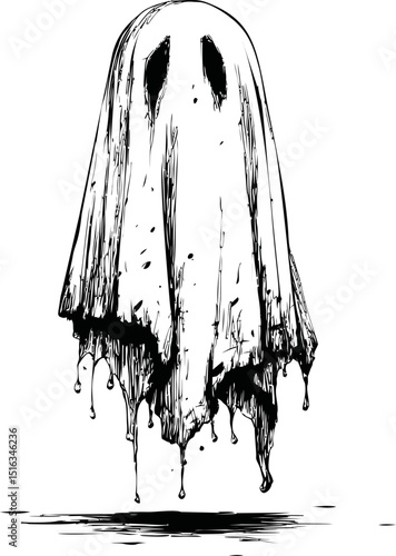 Moody black and white illustration of a melting ghost floating in the air. Vector illustration