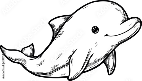 Adorable black and white cartoon dolphin sketch with a playful expression. Vector illustration
