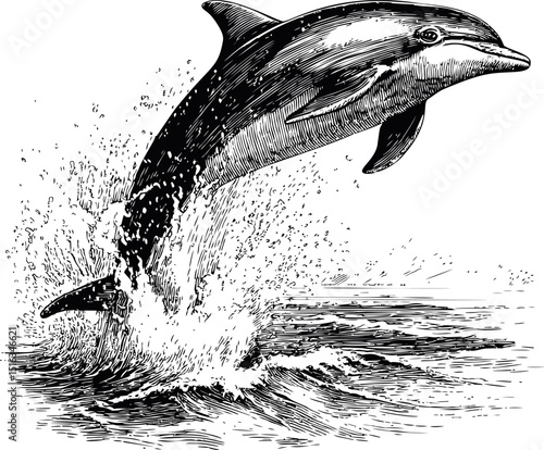 Vintage illustration of a dolphin leaping joyfully from the ocean water. Vector illustration