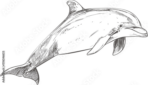 Line drawing of a dolphin in motion with detailed texture and shading. Vector illustration