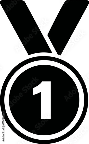 Black and white first place medal with ribbon, simplistic design concept. Vector illustration
