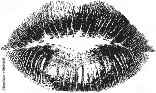 Black and white textured lip print illustration. Vector illustration