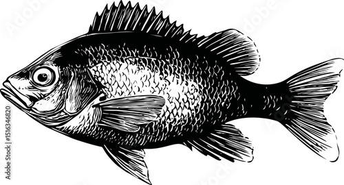 Black and white illustration of a fish with detailed scales and fins, engraving style. Vector illustration