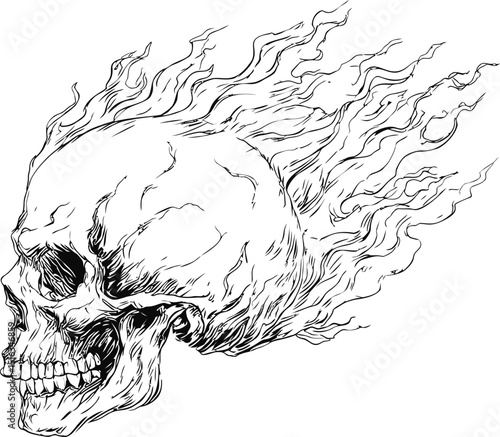 Burning skull with elongated flames and intricate line art illustration. Vector illustration