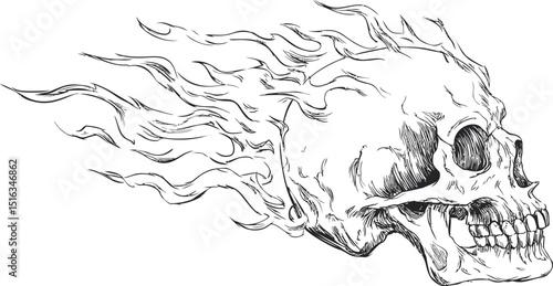 Skull with flaming details ink sketch in black and white, edgy illustration. Vector illustration