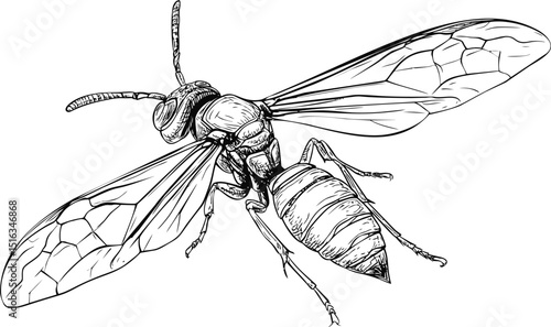 Detailed black and white line drawing of a flying wasp insect illustration. Vector illustration