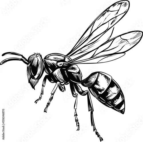 Detailed black and white illustration of a wasp insect in sketch style. Vector illustration