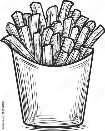 Sketch of french fries in a paper cup, hand-drawn monochrome illustration. Vector illustration