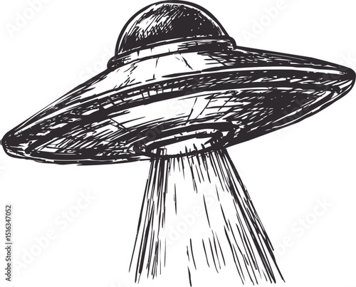 Sketch of a flying saucer beaming light to the ground, concept of alien visitation. Vector illustration