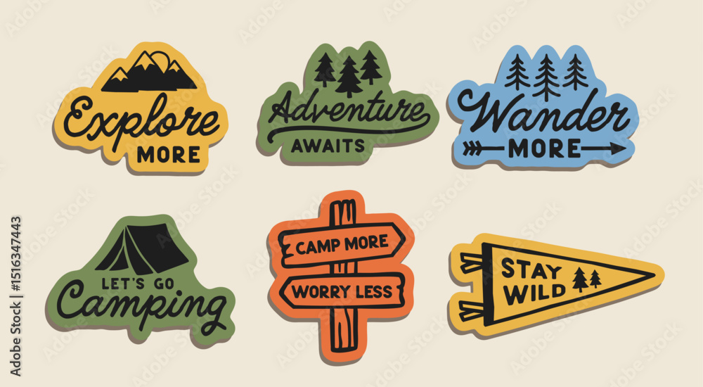 Naklejka premium Outdoor adventure badge set featuring camping quotes and forest illustrations. Perfect for t-shirt designs, stickers, travel gear, or hiking-themed merchandise.