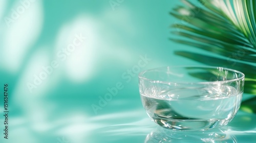 Wallpaper Mural A glass bowl filled with crystal clear water, set against a vibrant teal background, reflecting soft light and shadows that evoke a sense of tranquility and freshness. Torontodigital.ca