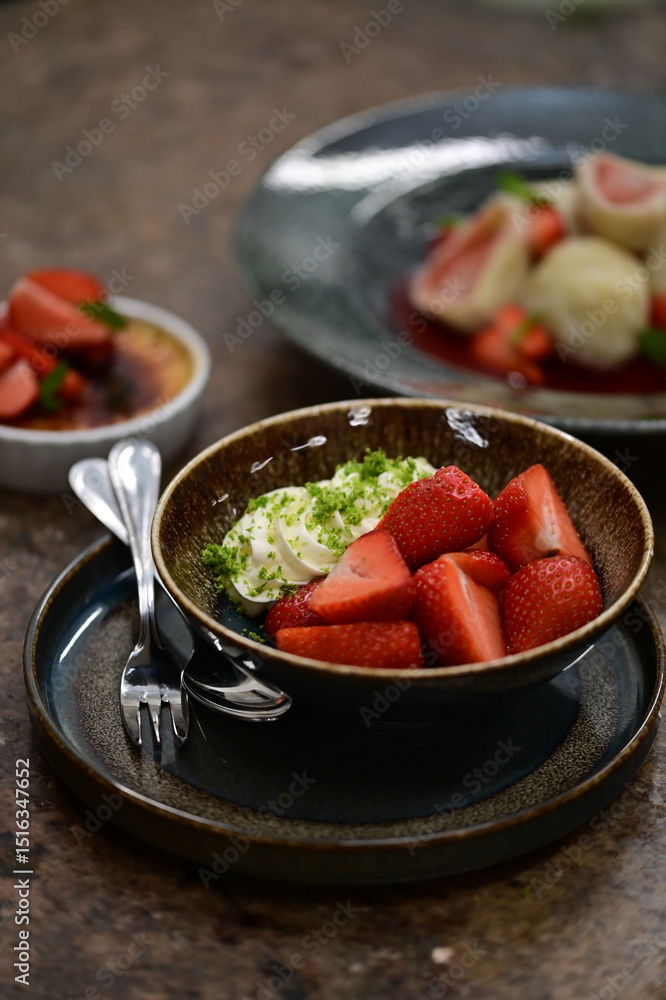 Fresh strawberries with mascarpone cheese served as fresh fruit – vibrant and creamy dessert with elegant food background Fresh strawberries with mascarpone cheese served as fresh fruit – vibrant and creamy dessert with elegant food background