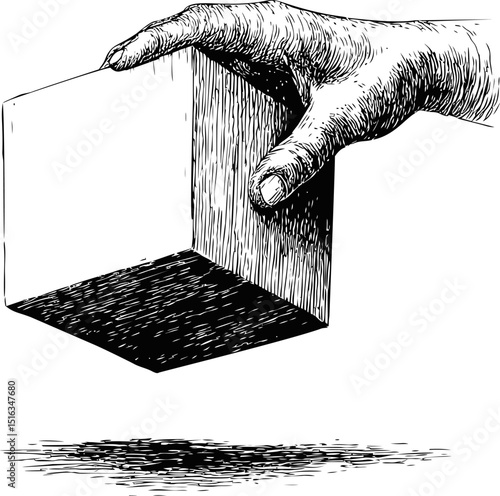 Hand holding a wooden cube casting shadow on ground, vintage illustration style. Vector illustration