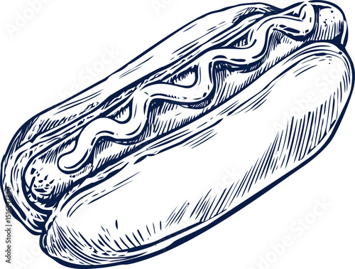 Detailed sketch of a hot dog with mustard in black and white illustration. Vector illustration