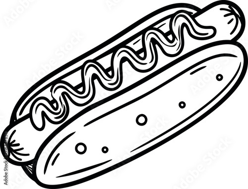 Line art illustration of a hot dog with wavy mustard on a bun. Vector illustration