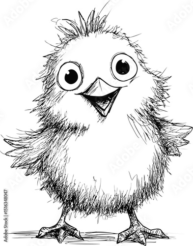 Cute fuzzy chick smiling in black and white sketch style illustration. Vector illustration