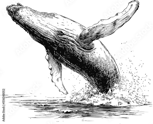 Black and white illustration of a breaching whale with detailed splashes. Vector illustration