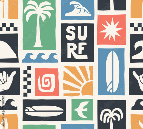 Retro surf seamless pattern. Bold graphic elements: palm trees, waves, sun, surfboards, shaka hand. Surfing background.