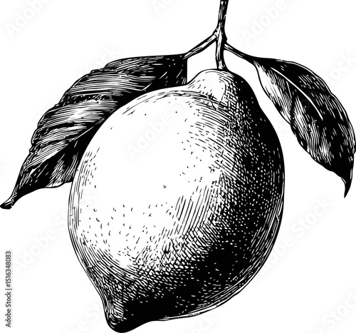 Detailed black and white sketch of a lemon with leaves on a branch. Vector illustration