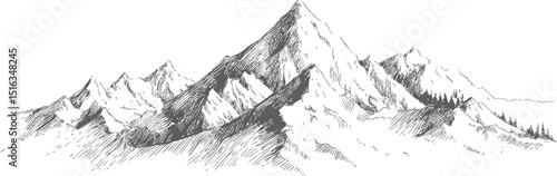 Monochrome sketch of a mountain range with detailed peaks and slopes. Vector illustration