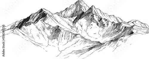 Detailed black and white ink drawing of mountain peaks with intricate shadows. Vector illustration