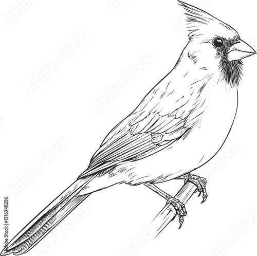 Detailed line drawing of a cardinal perched on a branch, black and white sketch. Vector illustration