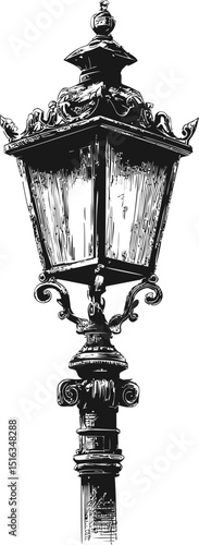 Vintage black and white illustration of an ornate street lamp post. Vector illustration